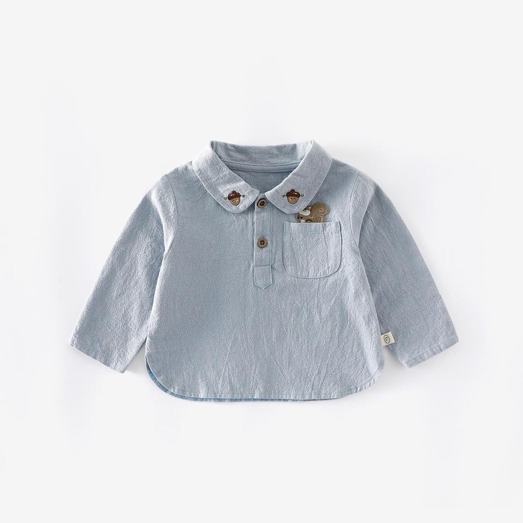 New Autumn 2025 Boys' Embroidered Squirrel Shirt: Stylish Korean-Style Top for Kids