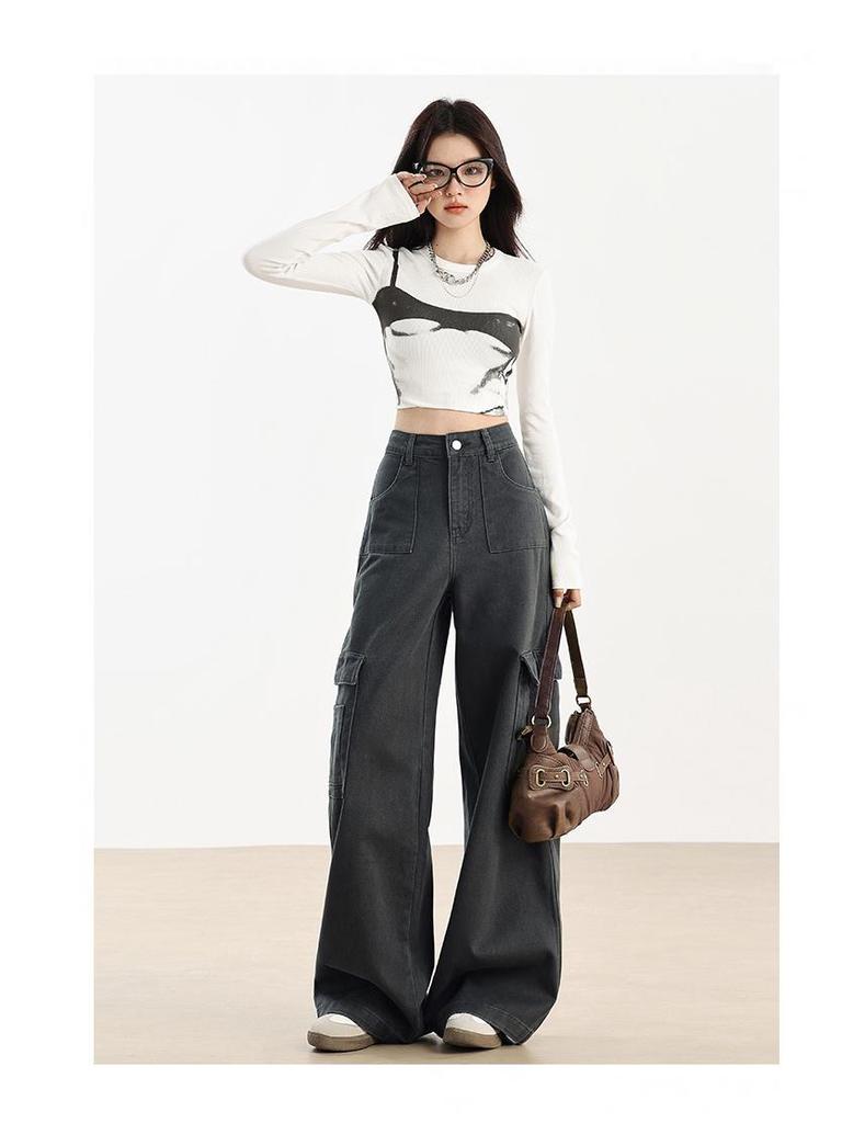 Women's High-Waist Fleece-Lined Wide-Leg Jeans, Retro Workwear Style for Autumn/Winter 2024