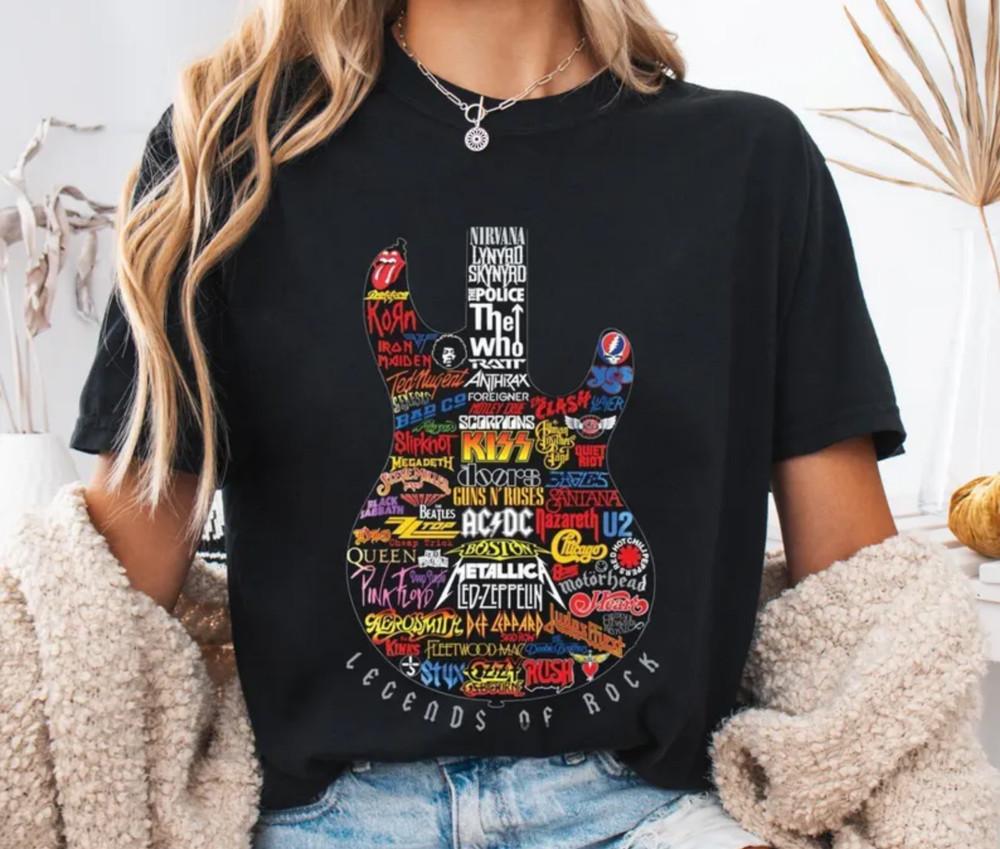 Tričko Legends of Rock, Vintage Grafické Tričko s Logem Kapely a Kytarou pro Milovníky Hudby Unisex Tričko
