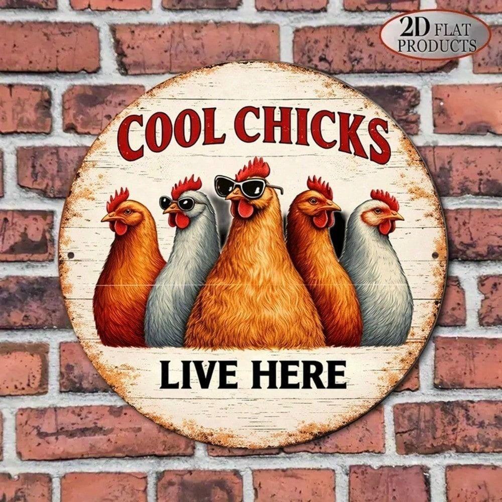 Vintage Round Metal Chicken Sign Wall Art Kitchen Decor