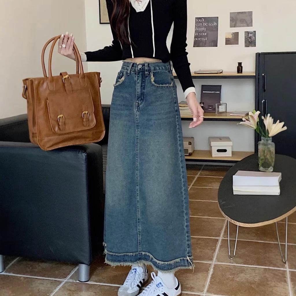 

Women s Autumn High-Waist Raw Edge A-Line Denim Skirt L