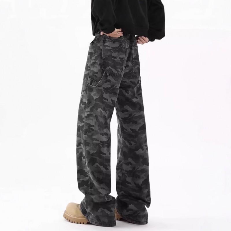 Herren Vintage Camo Weite Bein Jeans Entspannter Gerader Schnitt Arbeitskleidung Hosen