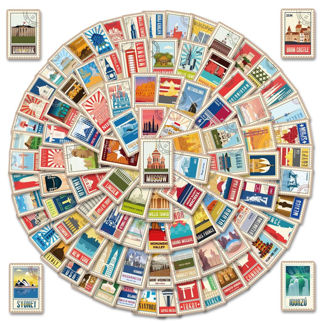 100 Weltlandmarken-Aufkleber, Weltstadt-Landmarken-Aufkleber Reise-Material Logo Architektur-Aufkleber