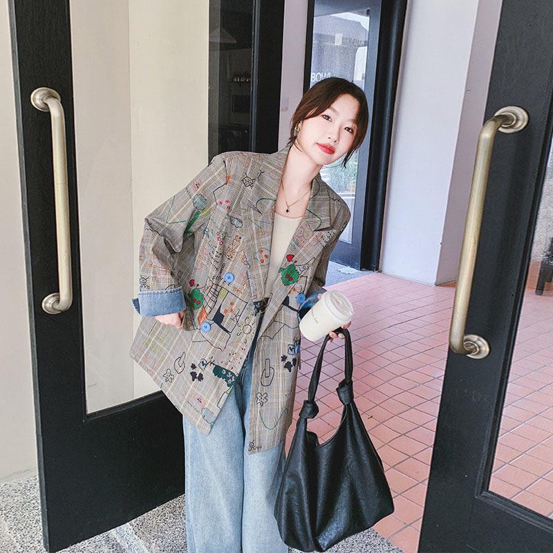 

2708 Plus Size Women s Graffiti Print Korean Style Age-Reducing Loose Casual Suit Jacket XL