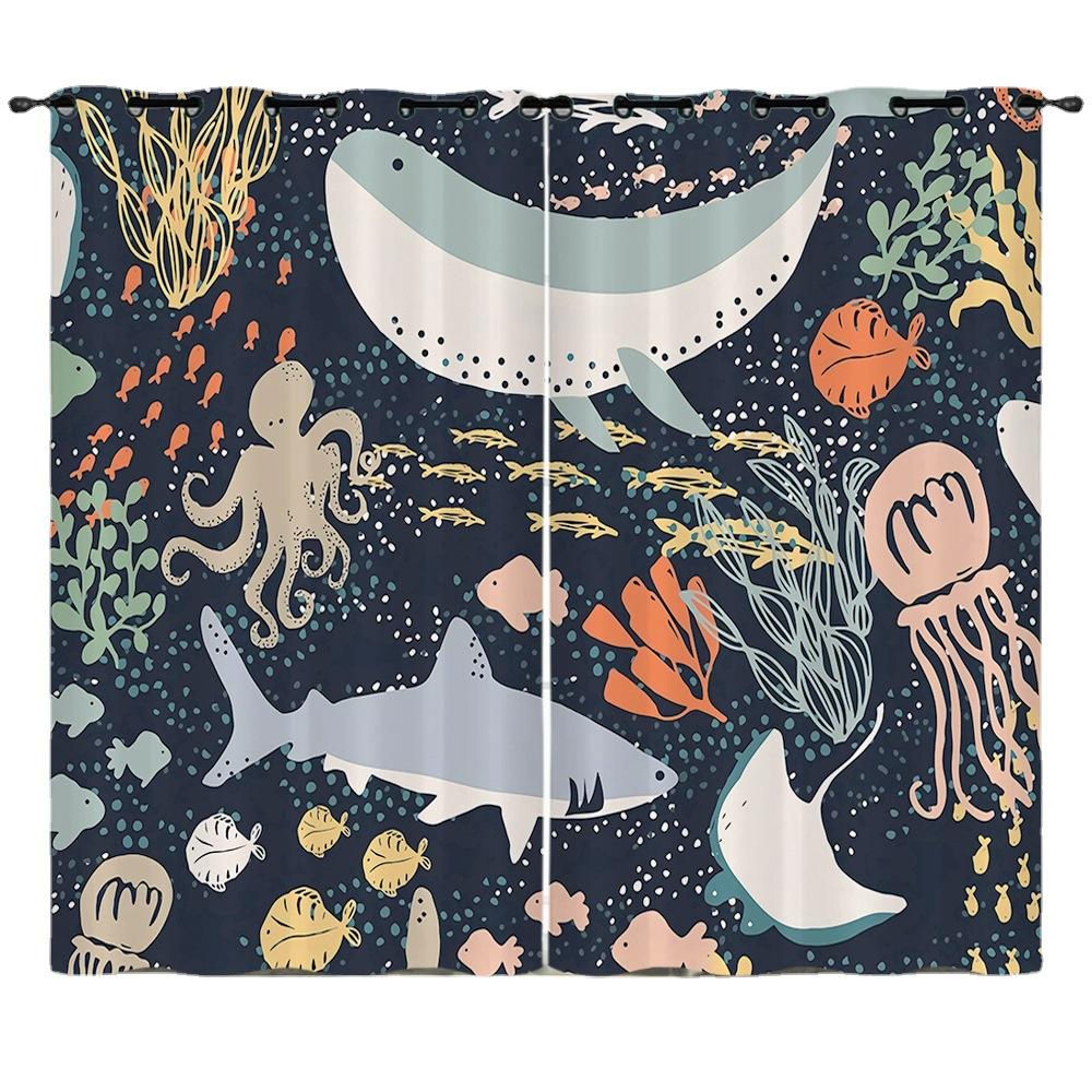 Curtain Illustration Marine Life Shark 3D Digital Printing Blackout Curtain Punching