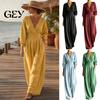 Plus Size Women Jumpsuit Women's Long Sleeve Jumpsuit, Deep V Neck Loose Wide Leg Lightweight Polyester Rompers, High Waist Summer Casual One
