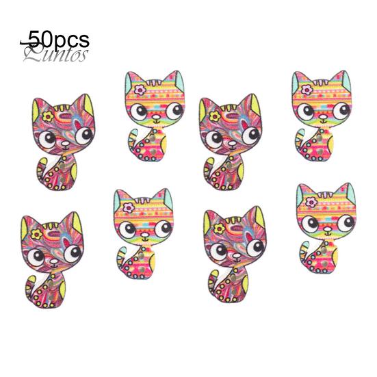 

50 шт./компл. пуговицы с 2 отверстиями, деревянные красочные пуговицы ручной работы с маленьким котенком, одежда Small Kitten