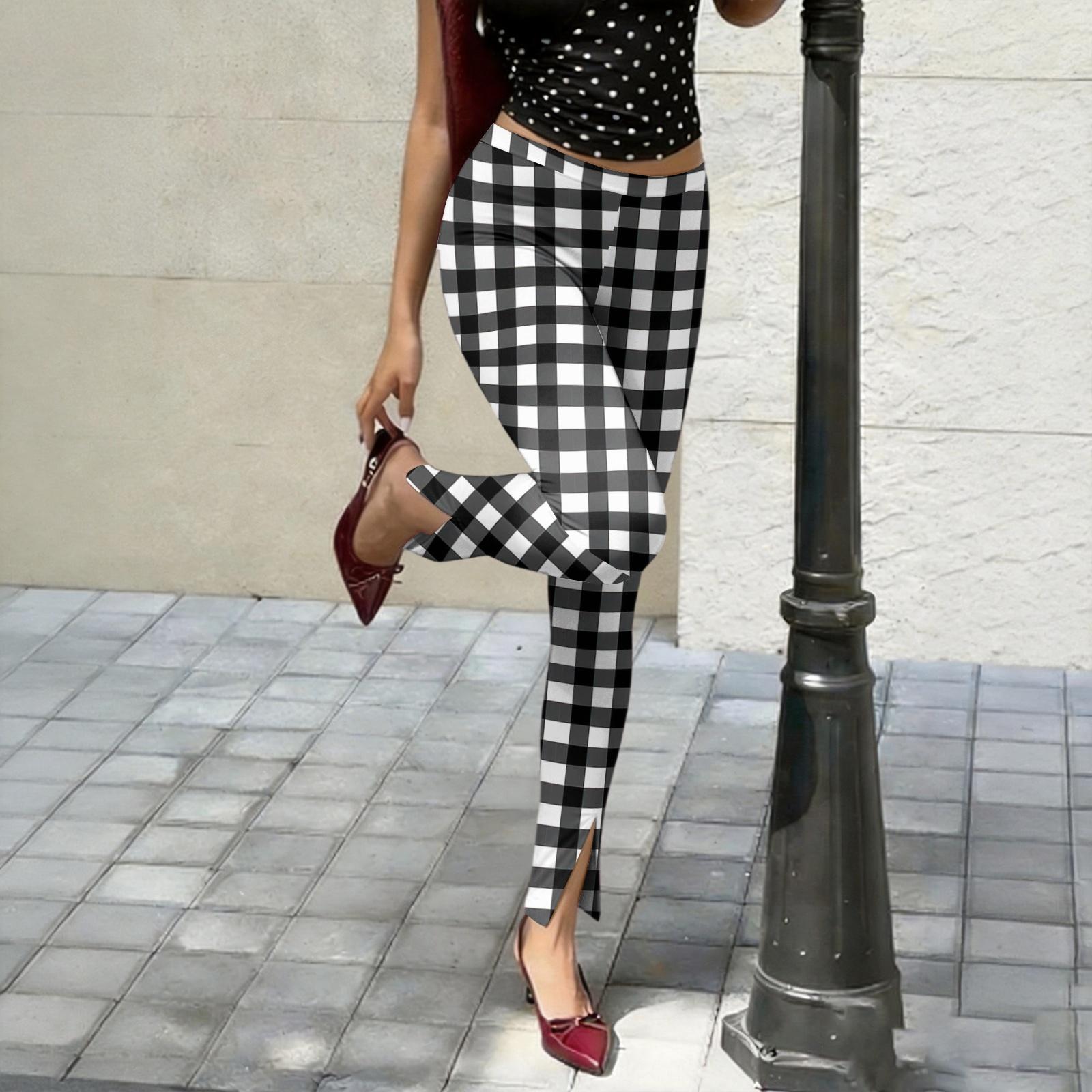 Women’s Y2K Plaid Print Slim Fit Pants with Side Slit Streetwear Style High Waist Stretchy Athletic Trousers S чёрный