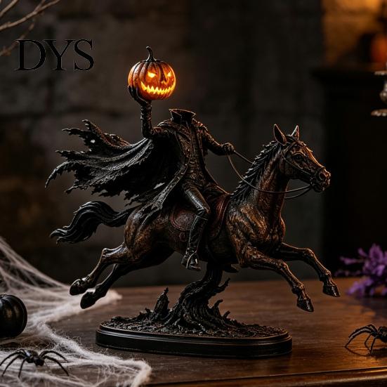 Einzigartige Weihnachtsgeschenke Beleuchtete Kopflose Reiter Statue, Aufleuchtendes Reitpferd Warmer Dunkler Horror Stil Dekorationen Leuchtende LED Kürbiskopf Skulptur