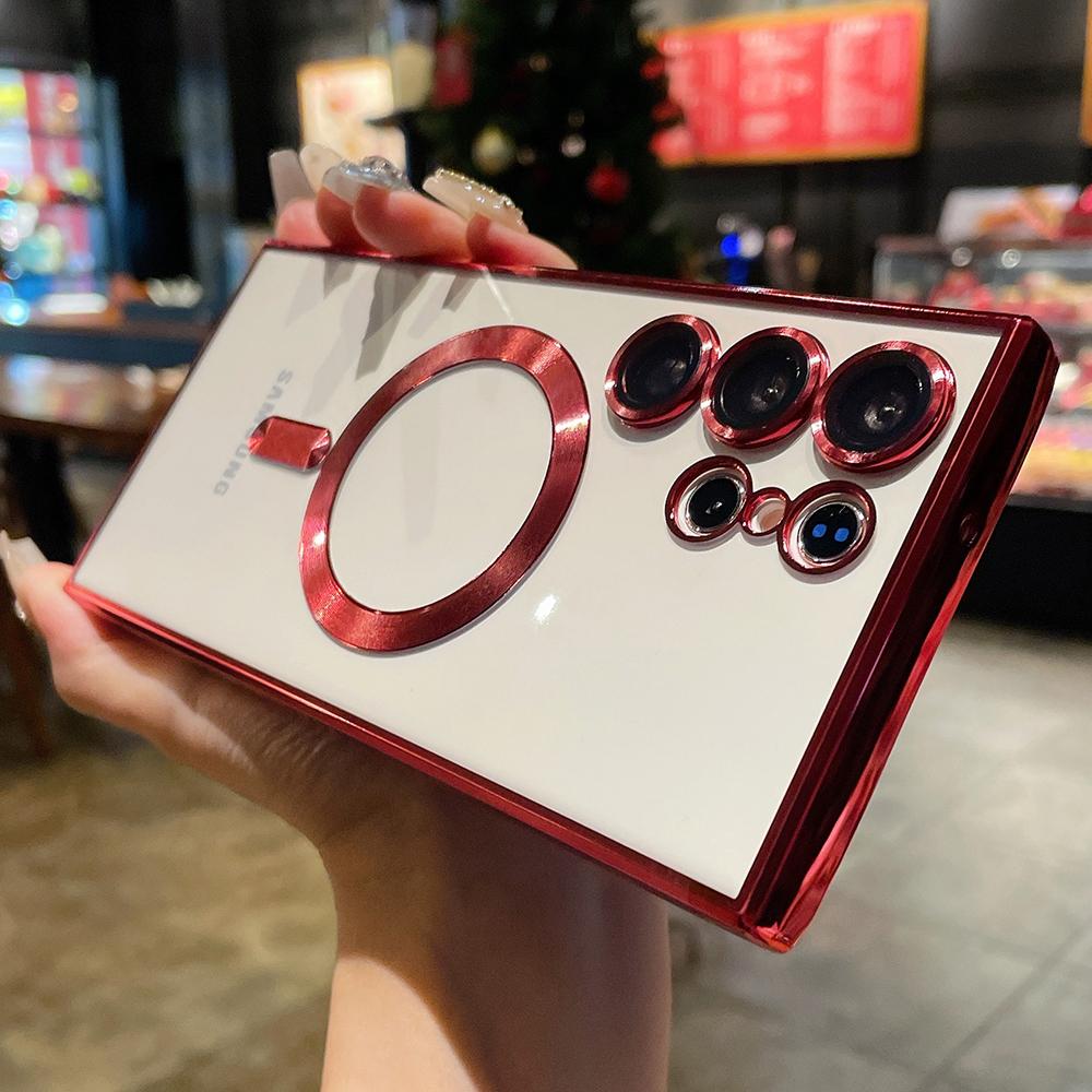 Plating Magnetic Transparent Case For Samsung S25 S24 Ultra S23 Plus S22 S21 FE Note 20 Wireless Charge Lens Protection Cover