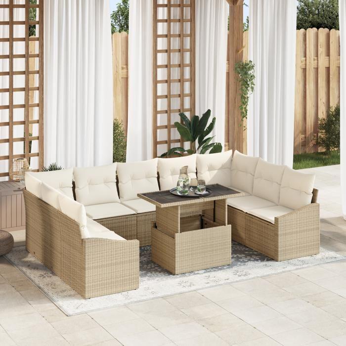 VidaXL Ensemble de Canapé de Jardin 10 Pièces avec Coussins Beige Poly Rattan 3349067