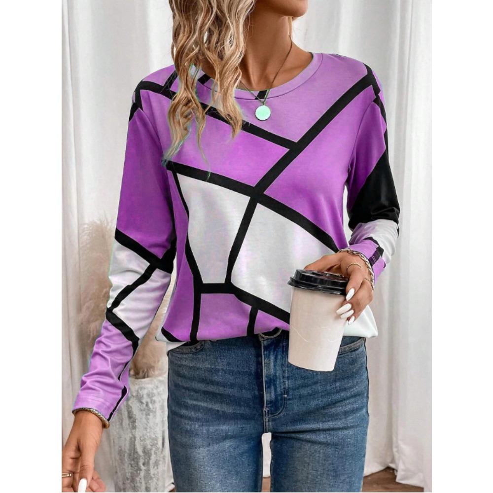Tops for Women Geometric Pattern Print Round Neck Long Sleeve T-shirt Fall Casual Slim Pullover Women's Long Sleeve Top