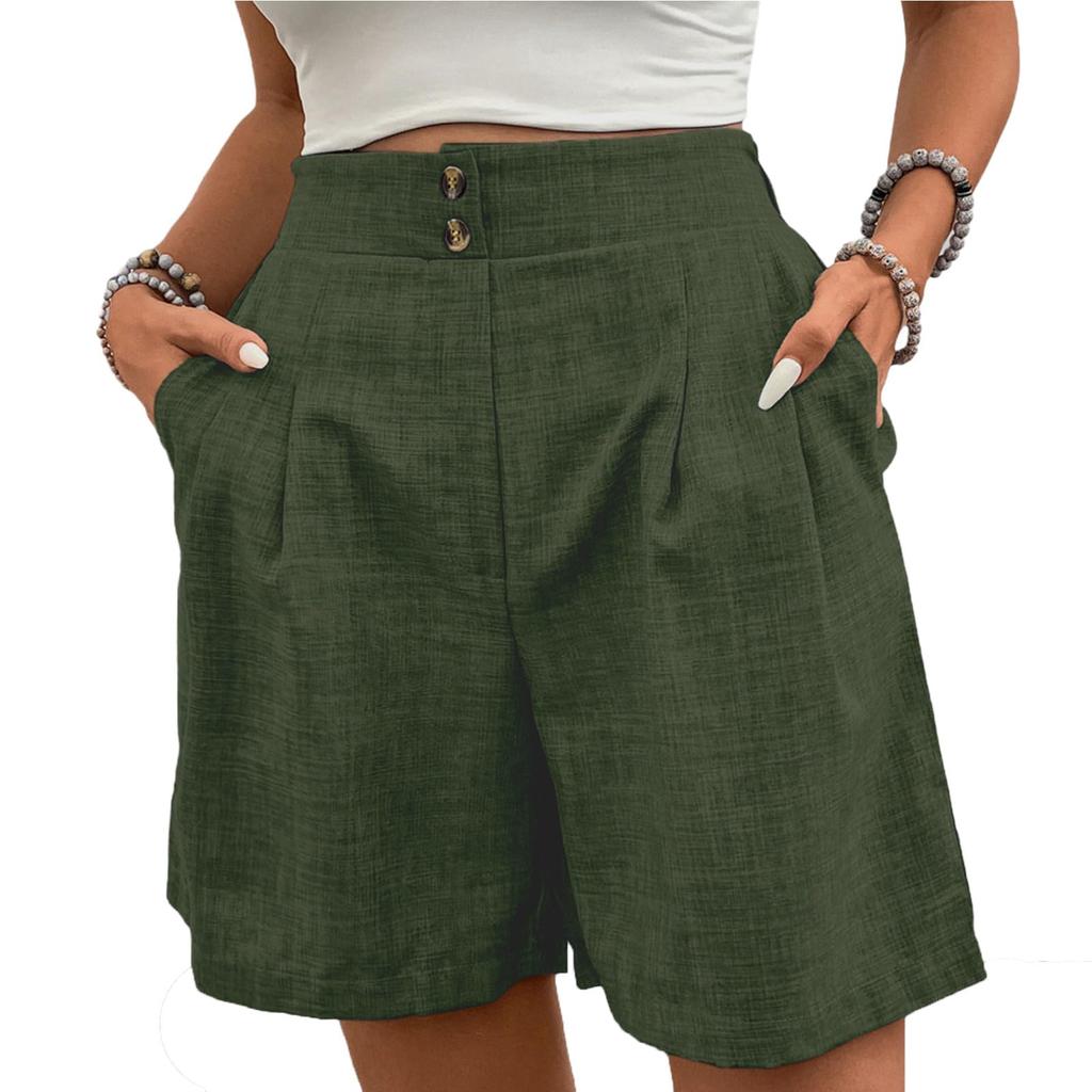 Women's Loose Casual Pants Button -Color High Waist Straight Shorts