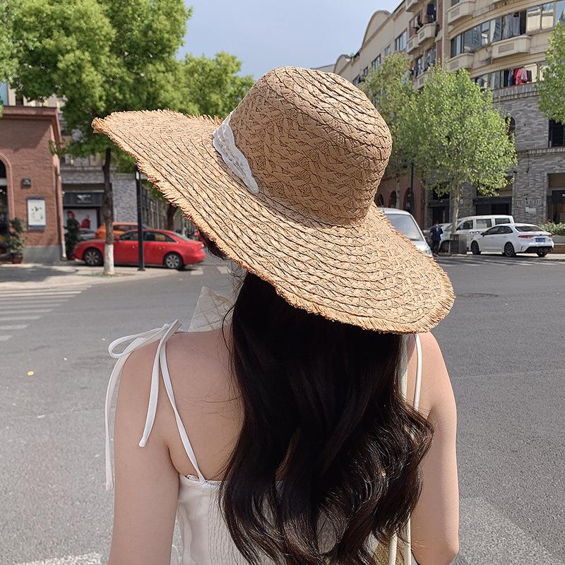 Women's Summer Lace Straw Woven Hat Breathable Sun Protection Hat Beach Vacation Wide Brim Sun Hat