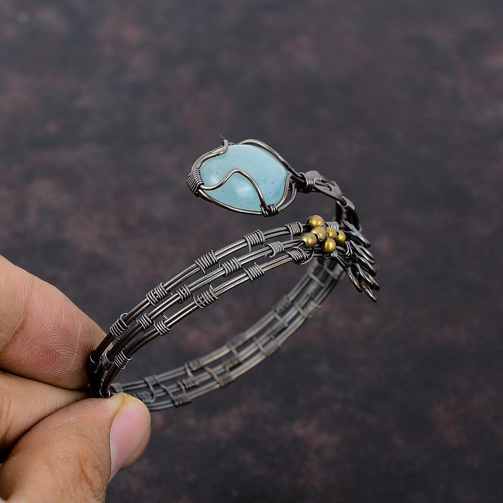 Aquamarine Bangle Copper Wire Wrapped Adjustable Cuff Bracelet Handmade Gemstone Bangle Aquamarine Copper Jewelry Gift For Mom Wire Jewelry