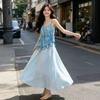 Summer New French Suspender Dress Women's Ethnic Style Tie-dye Long Dress Temperament Holiday Style Waist and Thin Skirt