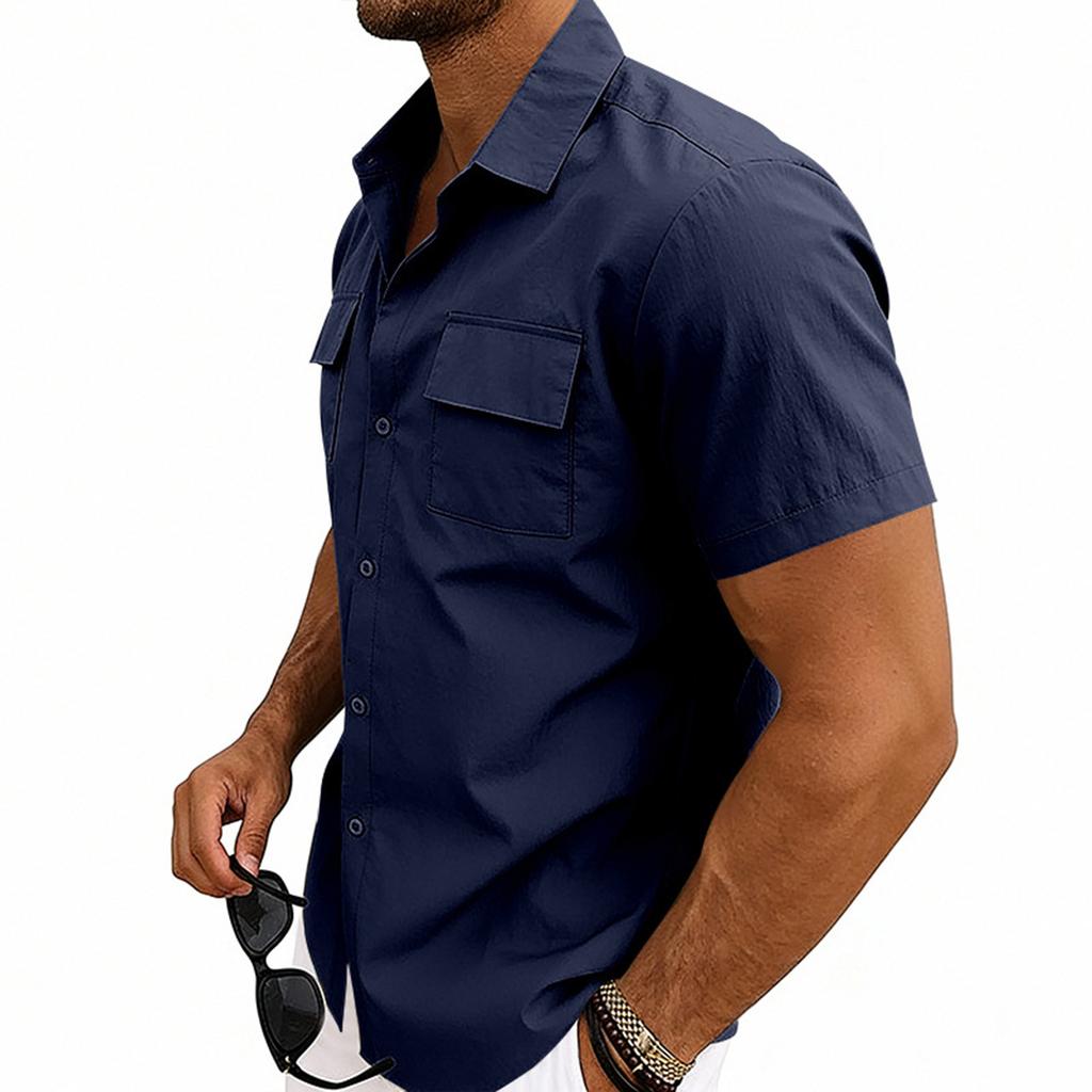 Camisa Casual Masculina de Manga Curta com Bolso e Colarinho