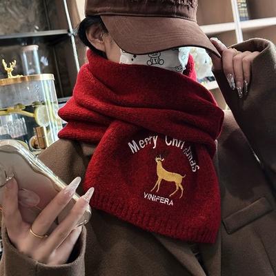 Sciarpa di Lana da Donna Autunno Inverno Regalo di Natale Cervo Rosso Lettera Lana Maglia Coreana Calda e Versatile Sciarpa