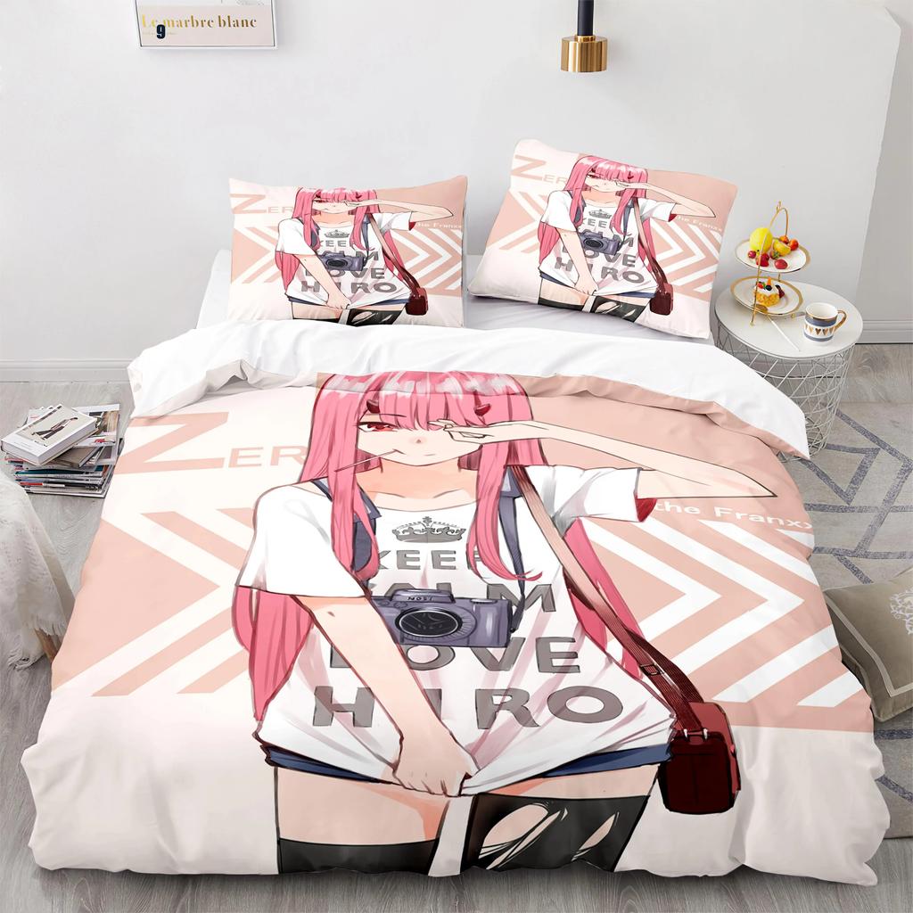 Nouveau Ensemble de Linge de Lit Darling In The Franxx Couvre-lit Simple Jumeau Complet Queen King Size Ensembles de Lits Aldult Kawaii Housse de Couette Famille 23 pièces