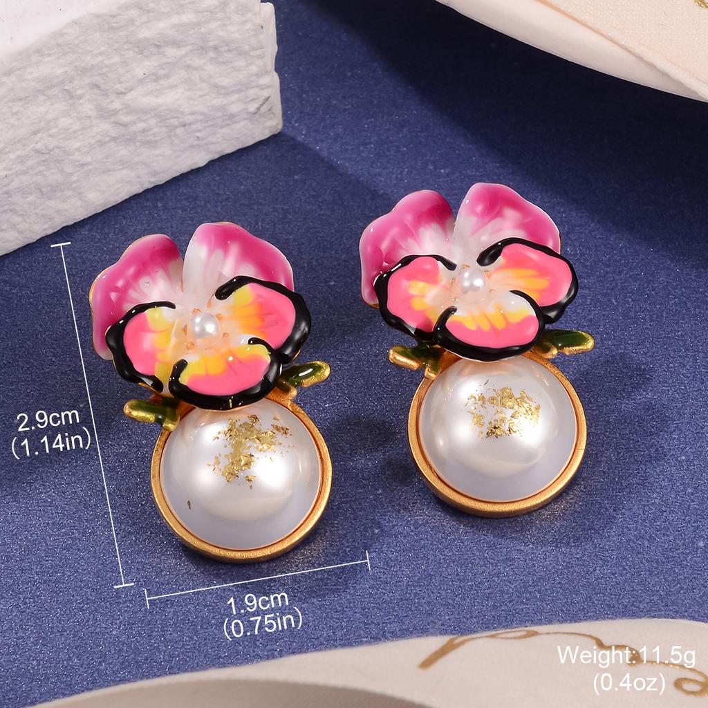 Aesthetic French Retro Enamel Flower Stud Earrings Monet Garden Oil Painting Antique Pearl Oil Dripping Silver Needle Earrings Women