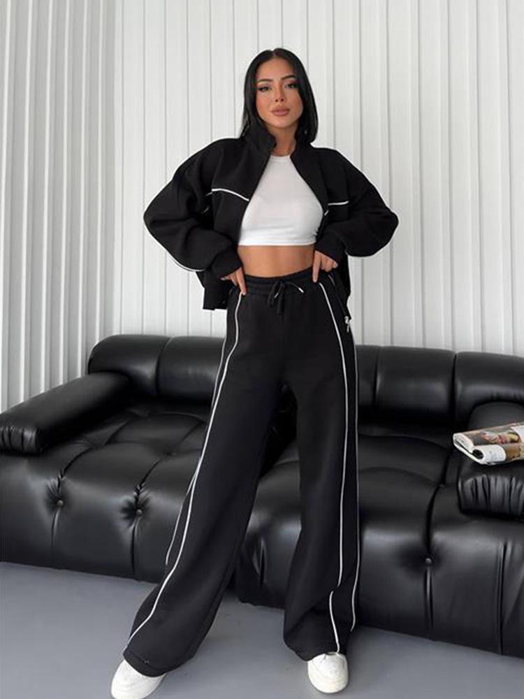 European and American Casual Set with Long Sleeve Cardigan Hoodie and Lace-up Striped Pants