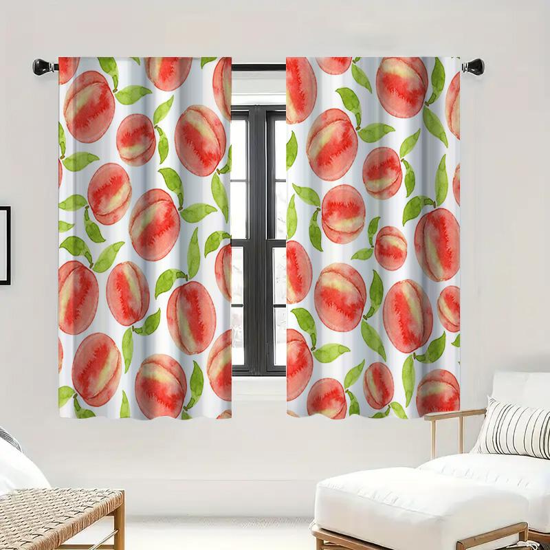 2PC Peach Watercolor Curtains, White Green Leaf Print Drapes, Fresh Floral Living Room & Bedroom Decor, Soft Sheer Window Panels