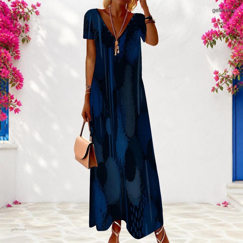 Women Plus Size V Neck Short Sleeve Printed Navy Blue Maxi Dress