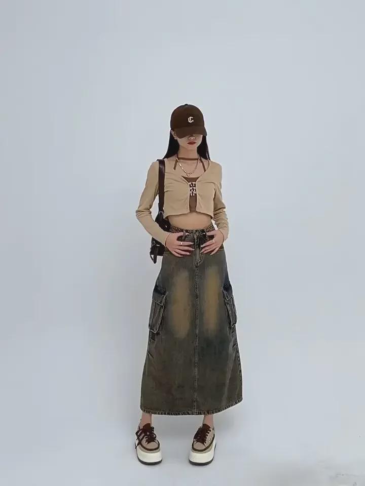 Saia Jeans A-Line Fenda Cintura Alta Retrô Americana Feminina - Comprimento Médio para Primavera e Outono