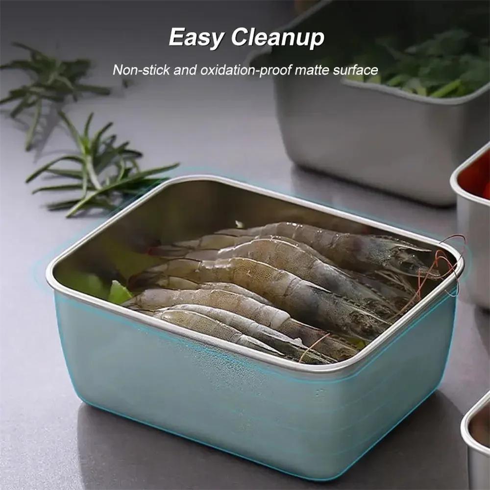 Stainless Steel Food Storage Serving Trays Rectangle Sausage Noodles Fruit Dish with Cover Home Kitchen Organizers Food Containe