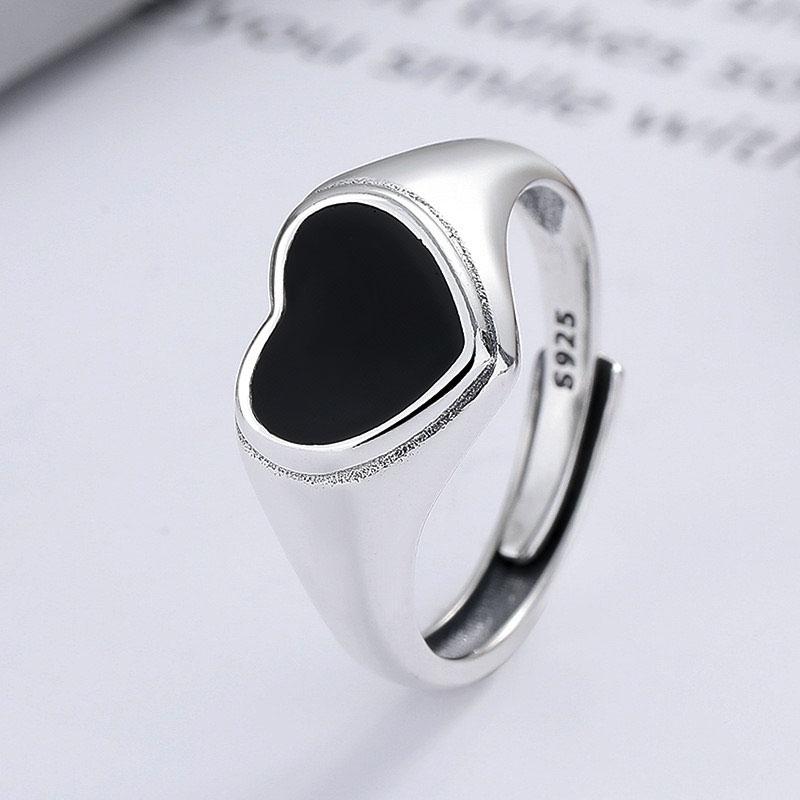 

925 Sterling Silver Rings for Women Couple Minimalist Handmade Simple Black Heart Ring Party Jewelry Gift Prevent Allergy resizable