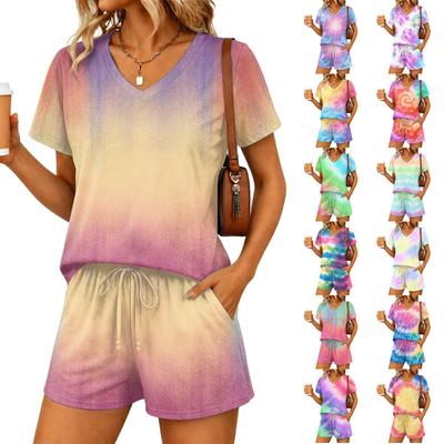 Women's Two Piece Set V Neck Short Sleeve Top and Drawstring Waist Shorts Casual Lounge Wear Soft Fabric Comfortable Fit