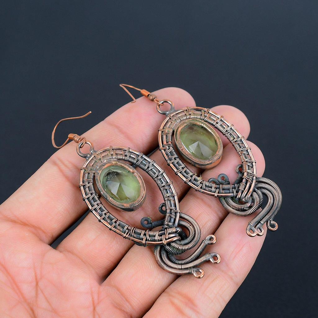 Green Amethyst Gemstone Earrings, 999 Copper Wire Wrapped Earrings, Handmade Antique Jewelry, Gift For Mother Day