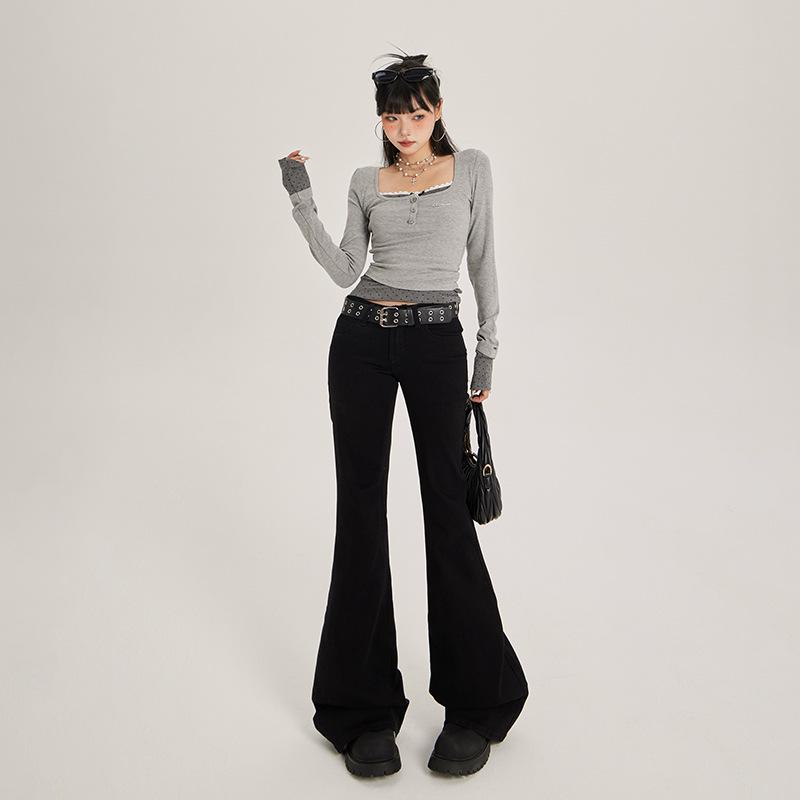 Women's 2025 Low-Waist Slim Fit Flared Jeans - Black, No-Slip, Elastic, Leg-Slimming, Spring Style