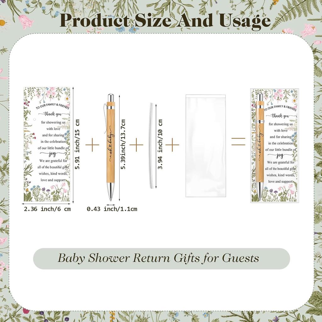 Zhanmai 50 Sets Baby Shower Pens Gifts Bulk Baby Shower Favors for Guests Sage Greener Woodland Bamboo Ballpoint Pens with Cards for Gender Reveal