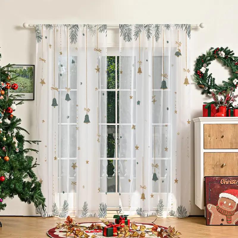 2pcs Christmas Pine Branch Bell Sheer Curtains with Pole Bag, Privacy Protection, Suitable for Decoration In Various Scenes