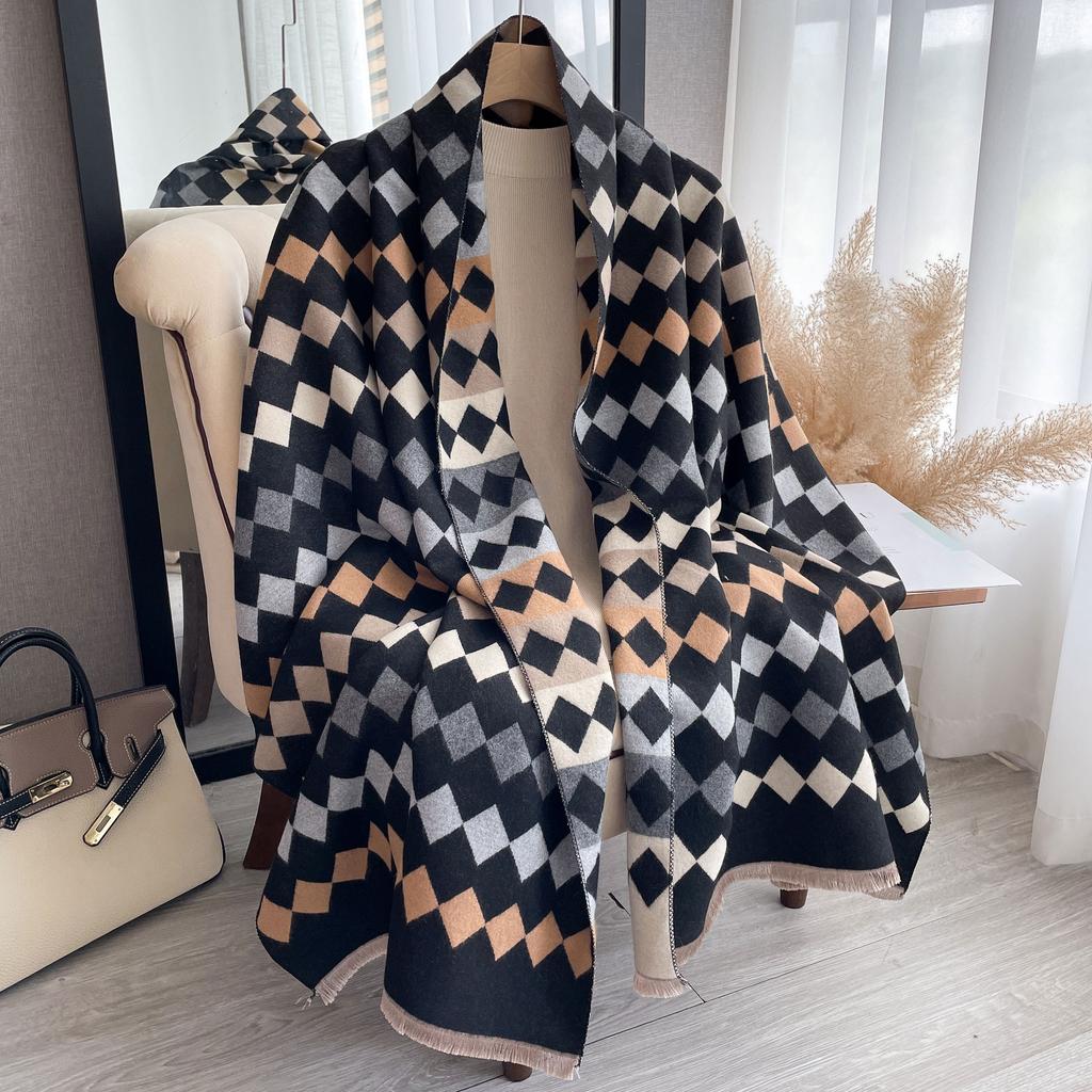 Imitation Cashmere Double-Sided Scarf Women'S Winter Versatile Dual-Purpose Shawl Thickened Warm Plaid Scarf