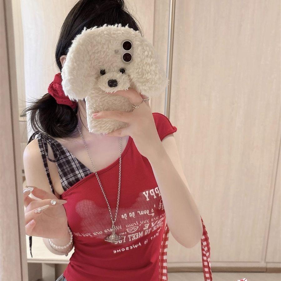 American Plaid Splicing Straps Slanted Shoulder Short-sleeved T-shirt Women's Summer New Thin Slim Versatile Spice Girl Top Trendy