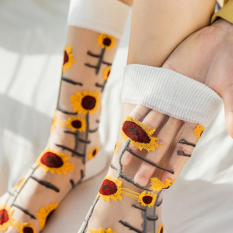 Creative Harajuku New Product Crystal Silk Tide Socks Funny Sunflowers Thin Glass Silk Tube Women's Trendy Socks Female