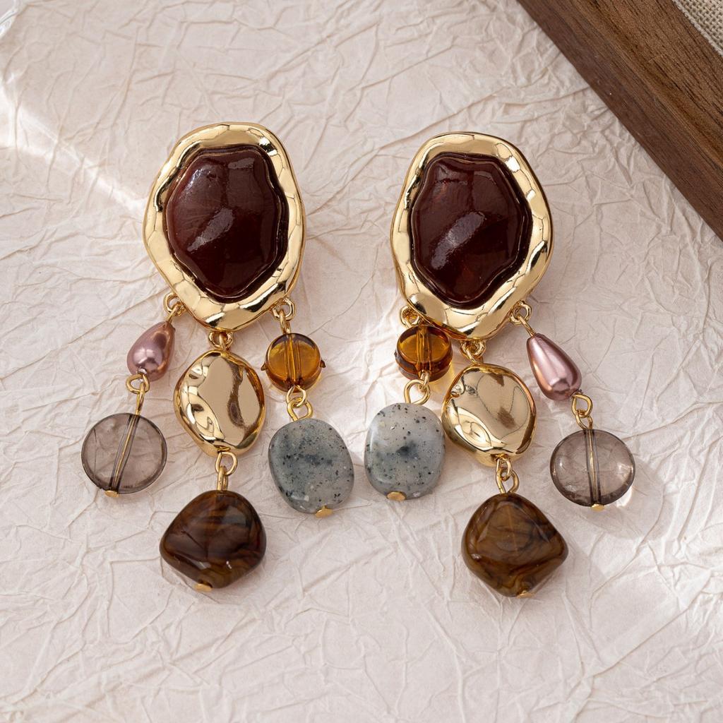 Bohemian Ethnic Tassel Pendant Earrings for Women Vintage Geometric Resin Simulated Gemstone Dangle Earrings Female Gifts