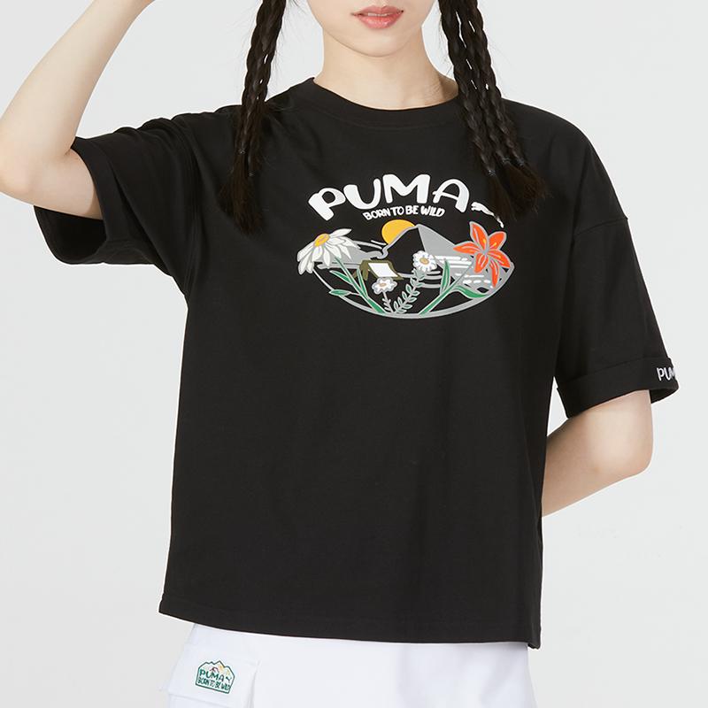 Puma Logo Letter Pattern Printed American Vintage Crew Neck Casual T-Shirt Women T-Shirt Black 536730-01