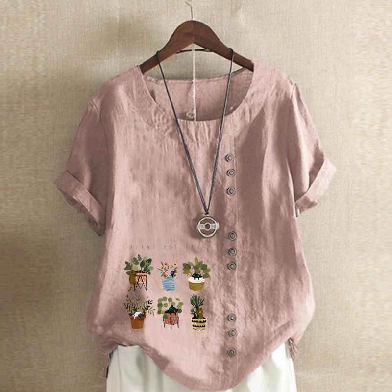 Damenmode Niedliches T-Shirt mit Blumentopfdruck Kurzarm Locker Baumwollhemd Lässig Locker Sommerbluse Oberteile Übergröße