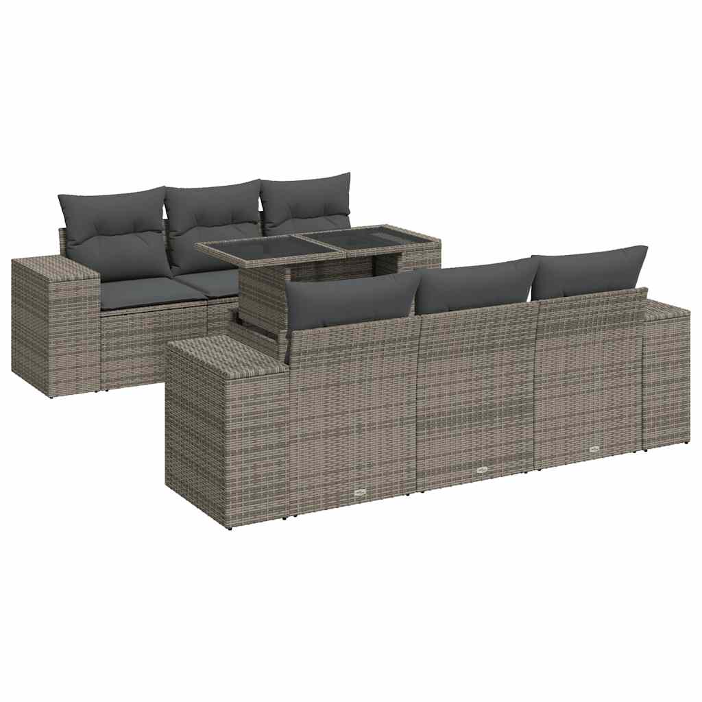 7 Piece Garden Sofa Set with Cushions Gray Poly Rattan