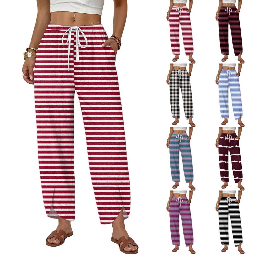 Women Casual Straight Leg Loose Fit Wide Leg Pants Button Detail Printed Pattern Drawstring Waistband Trousers