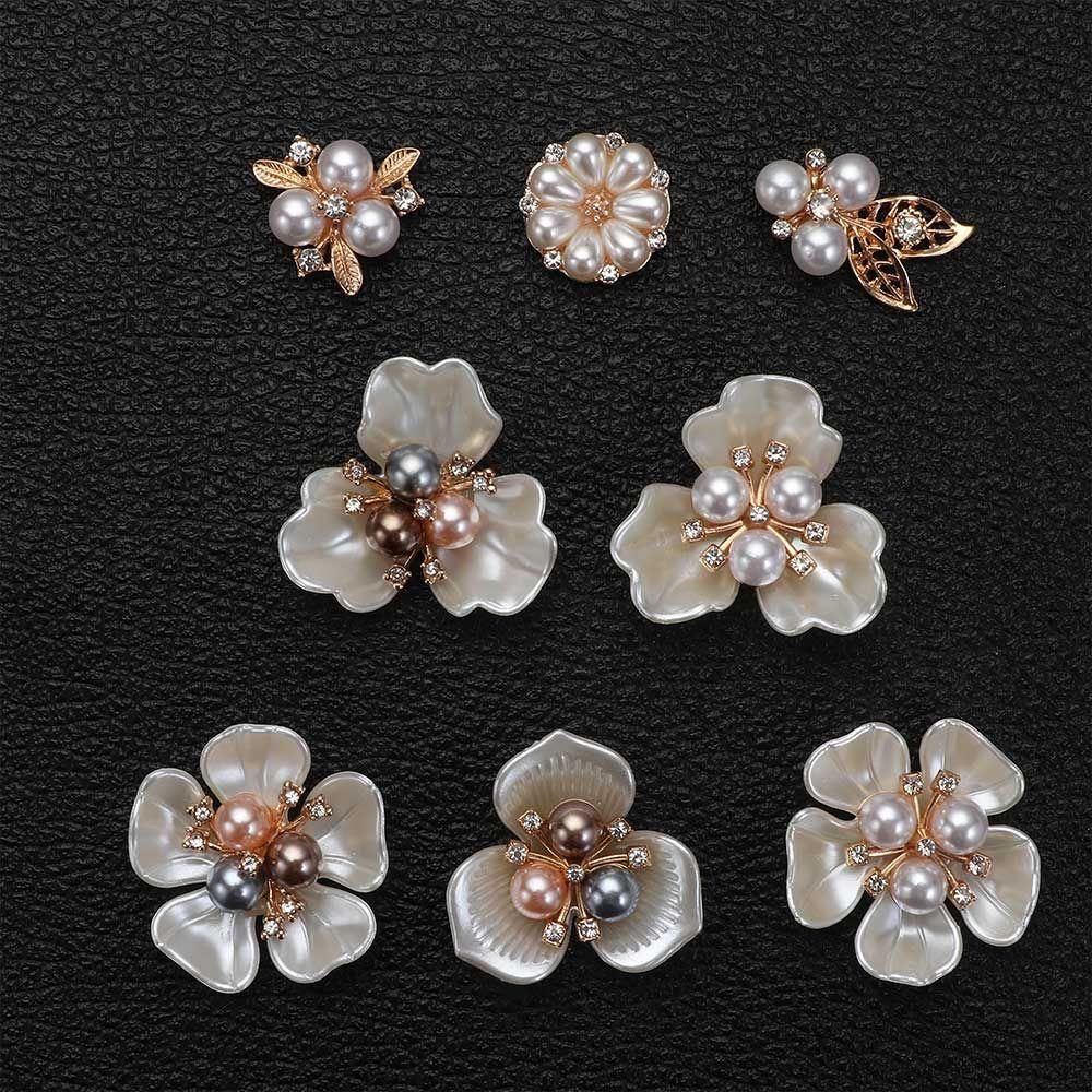 10PCS Pearl Flower Rhinestone Buttons Sparkling Crystal Hairpins Decorative Buttons for Clothes DIY Apparel Sewing Accessories