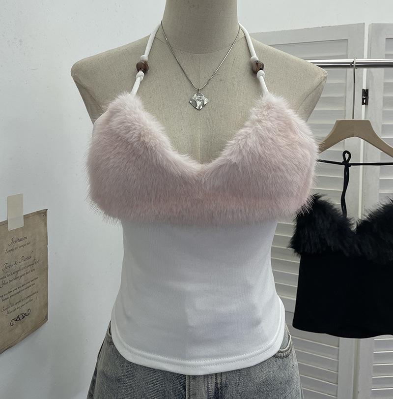 

European & American Style Lace-Up Halter Fur Cami Crop Top for Women One Size білий