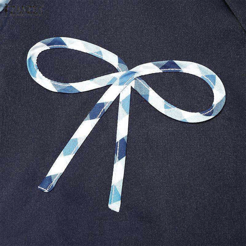 ZANZEA Women Casual Round Neck Long Sleeve Patchwork Plaid Print Dress