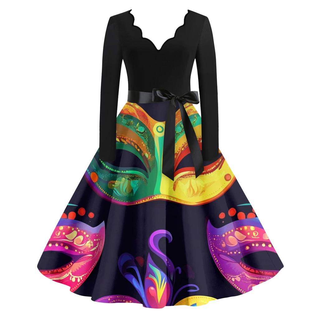Women's Casual Fashion V Neck Long Sleeve Printed Vintage Long Dress