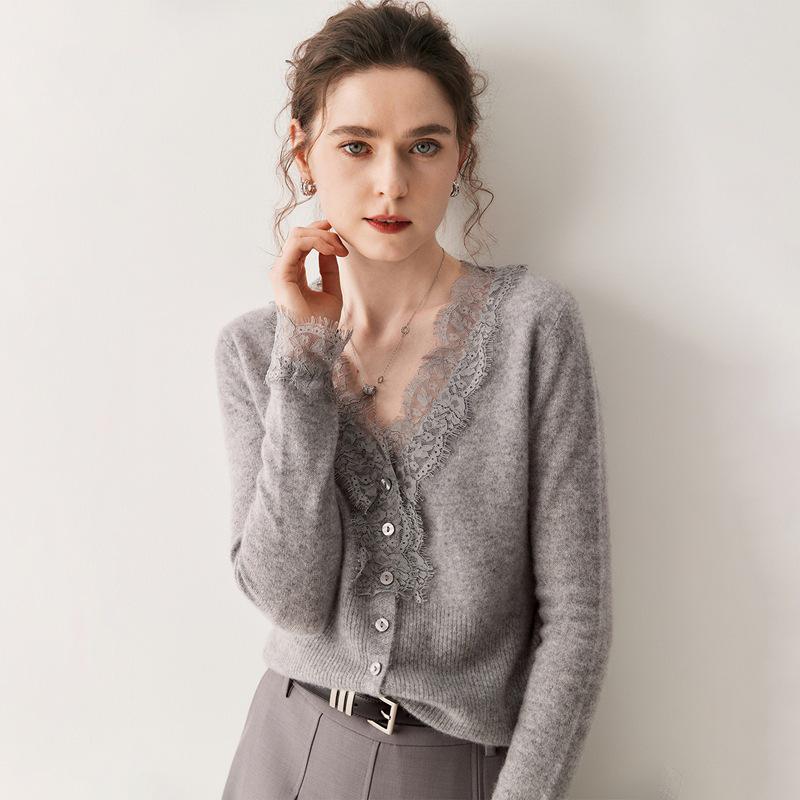 Cardigan in Pizzo e Cashmere da Donna con Scollo a V - Modello Sottile, Cashmere di Capra di Alta Qualità, Collezione Autunno/Inverno.
