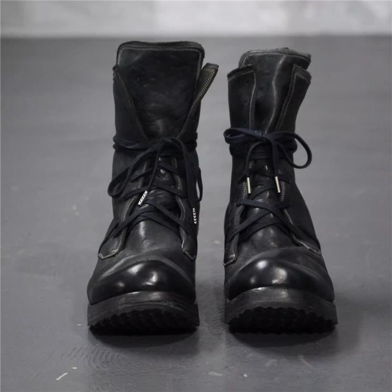 Męskie Vintage Czarne Botki z Miękkiej Skóry Okrągły Nosek Sznurowane Motocyklowe Botki Kowbojskie Nowa Moda Buty High Top