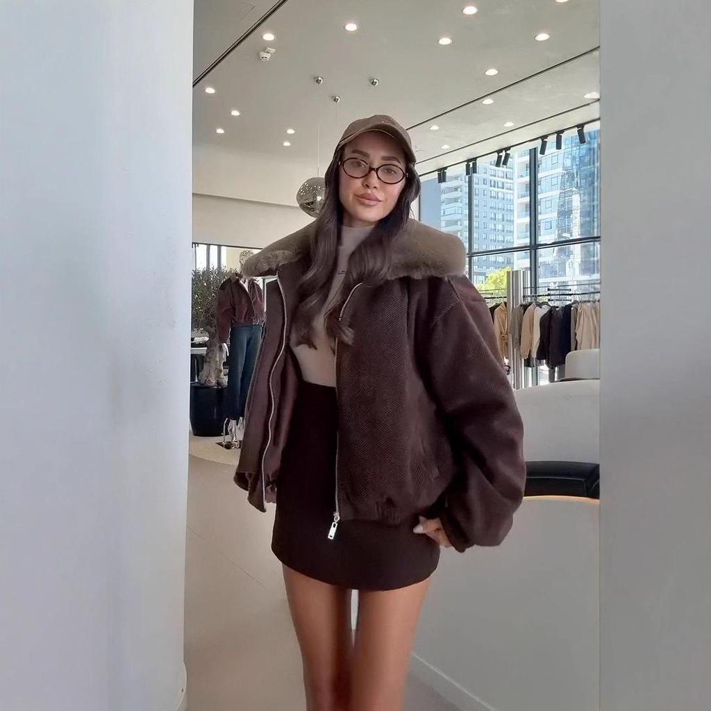Women's Autumn 2025 New Knit Sweater with Fur Collar, Long Sleeve, Slim Fit, Casual Jacket